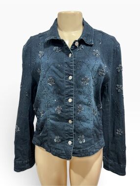 Vintage Jean Jacket by Flashback Beaded Floral Embellished Dark Blue Denim
